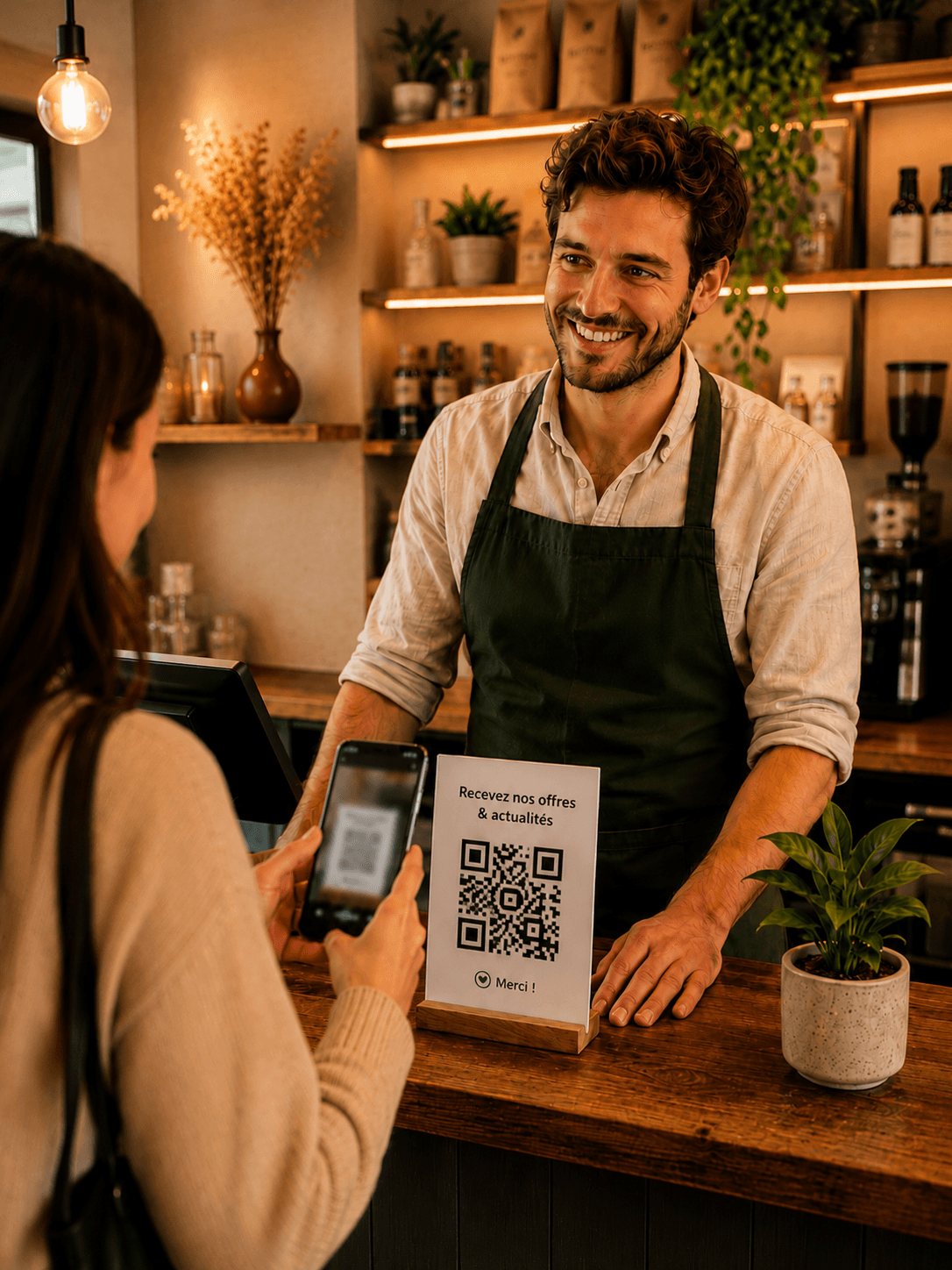 Commerçant souriant pendant qu’une cliente scanne un QR code en magasin